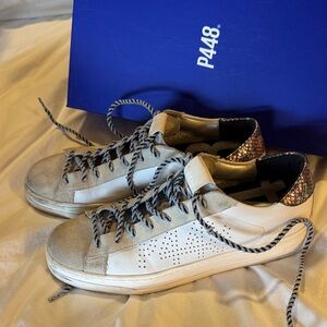 P448 Cream and Tan Sneakers with Patterned Heel